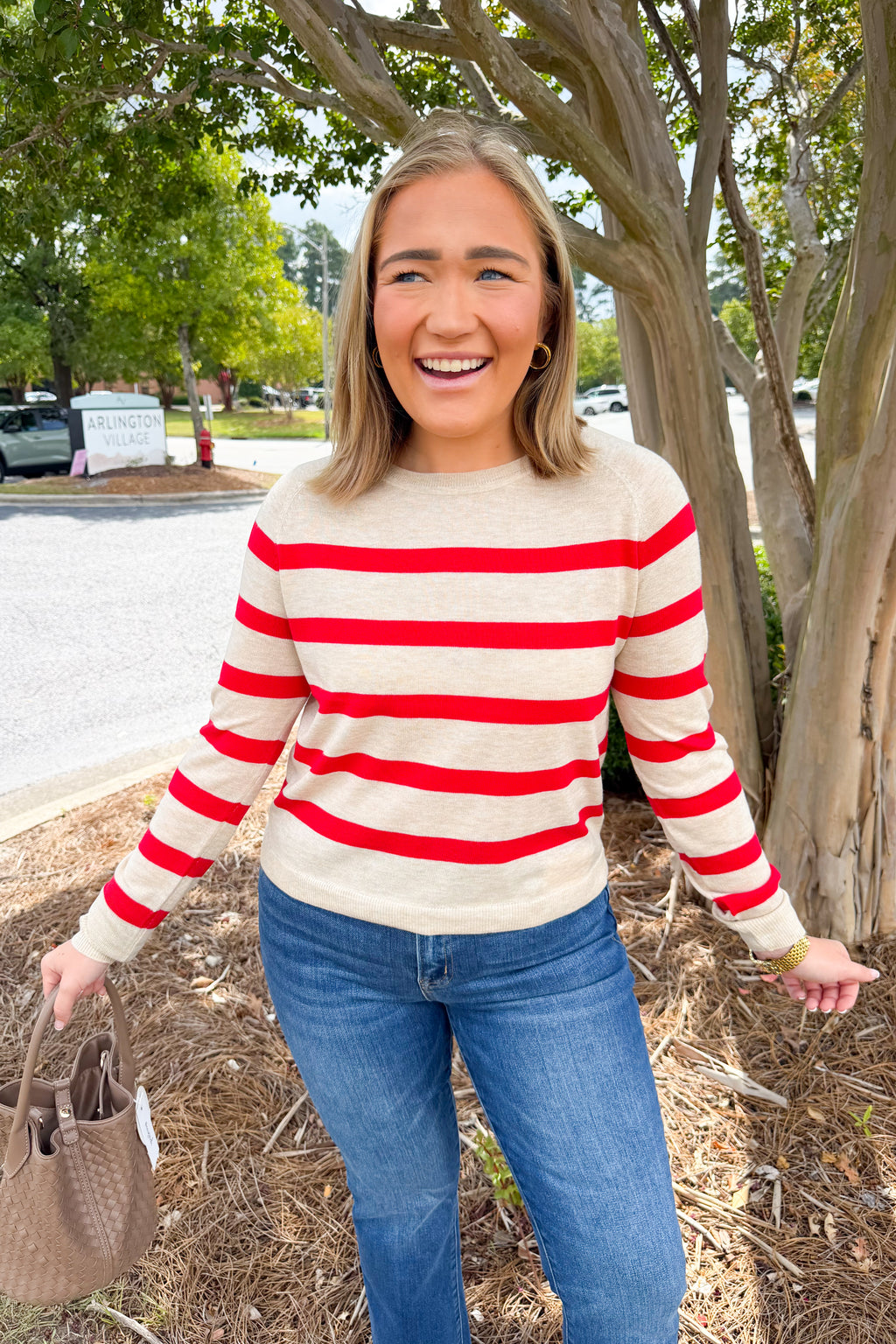 Striped Lightweight Wool Long Sleeve Round Neck Sweater in Ruby