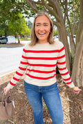 Striped Lightweight Wool Long Sleeve Round Neck Sweater in Ruby