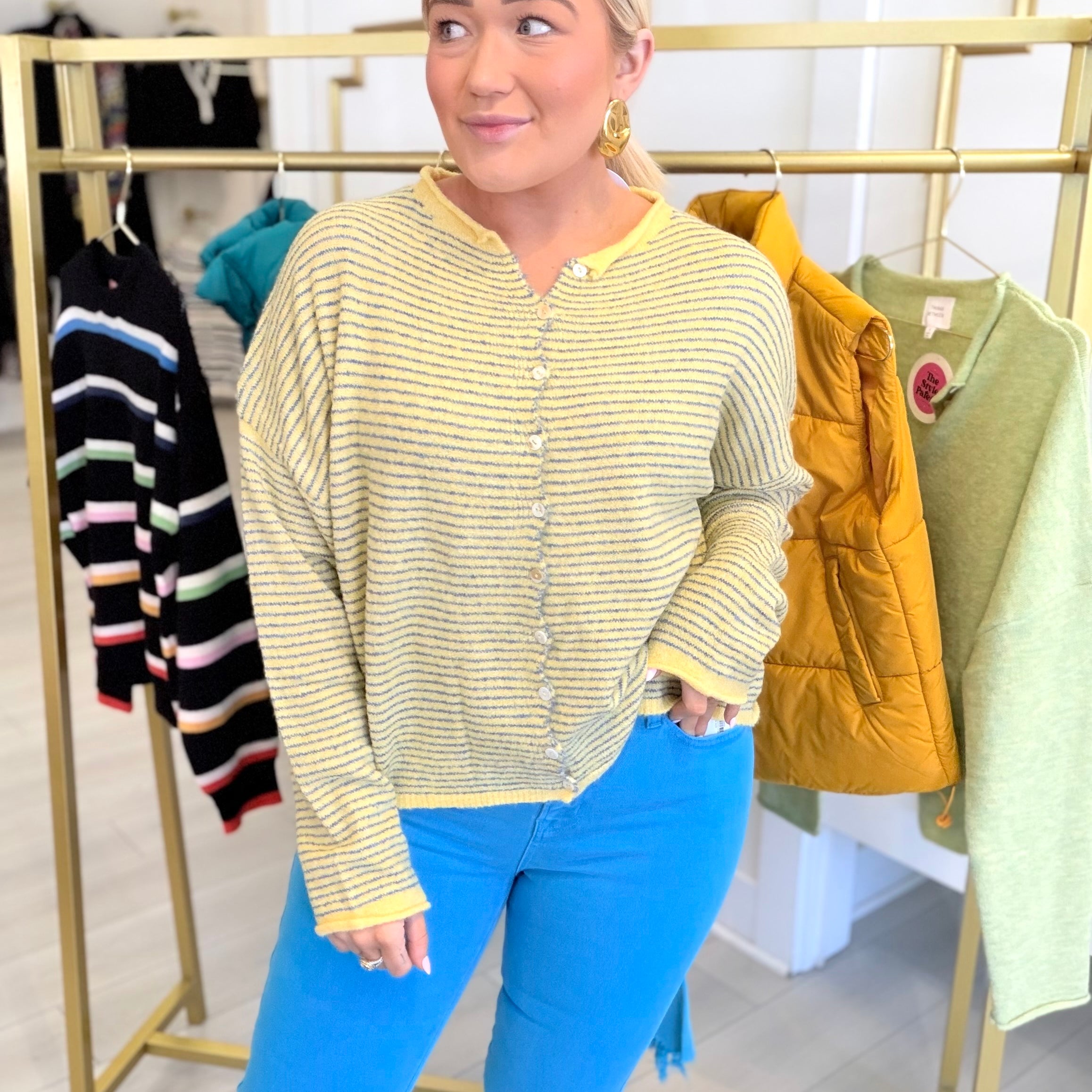 Pin Stripe Anything Goes Button Up Sweater