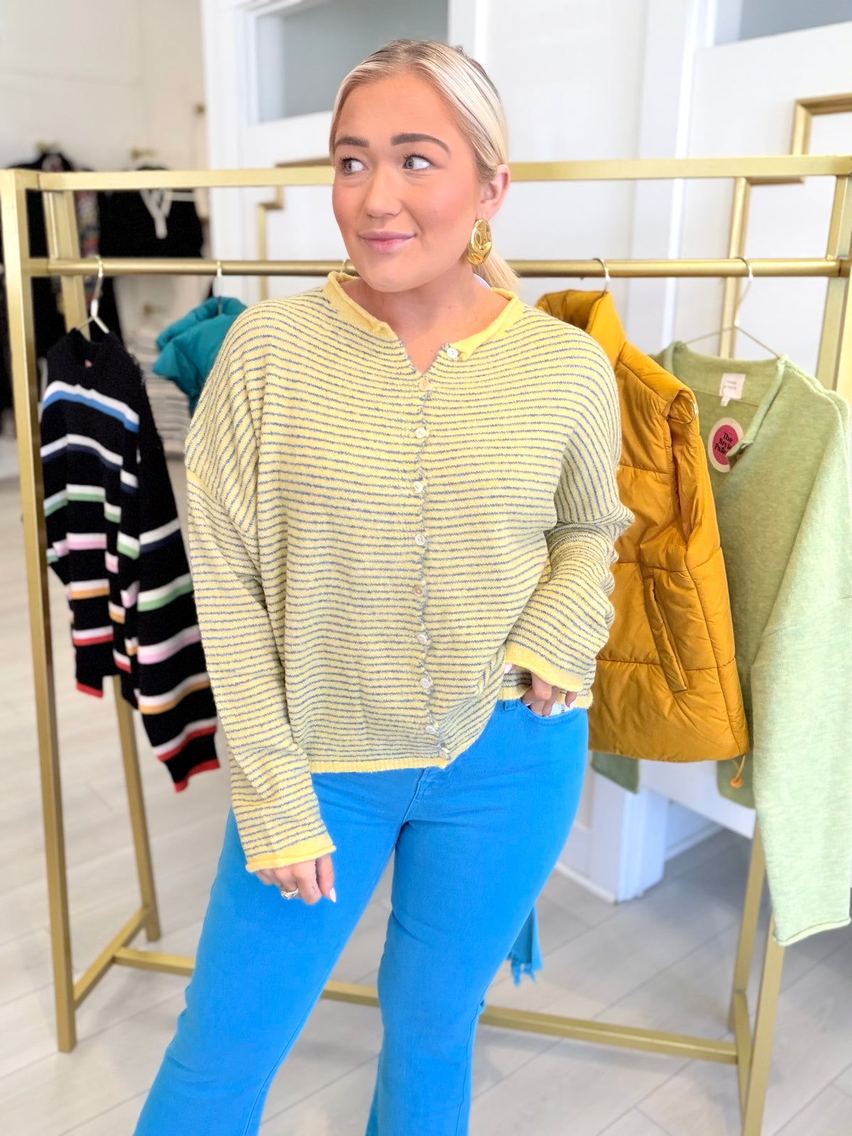 Pin Stripe Anything Goes Button Up Sweater