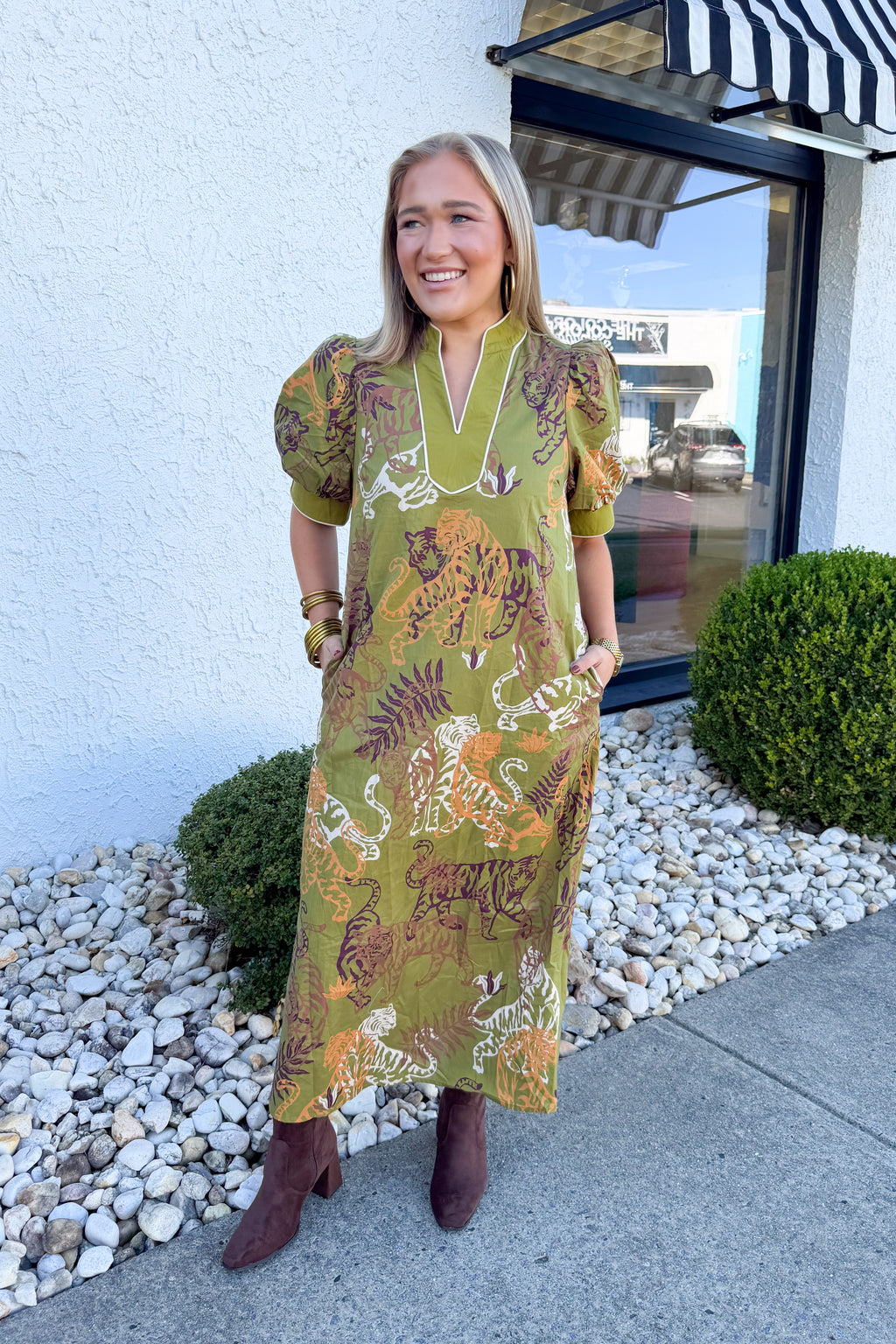 Tiger Print Short Puff Sleeve Midi Dress in Olive