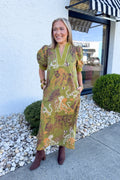 Tiger Print Short Puff Sleeve Midi Dress in Olive