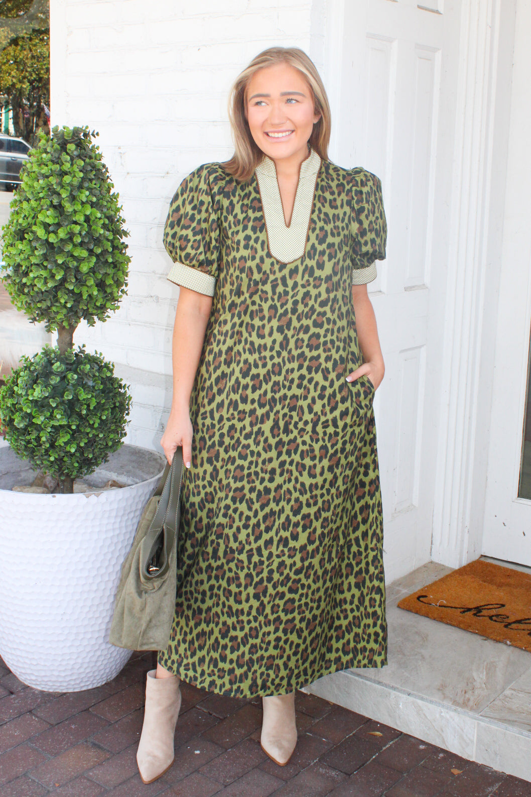 Amazon Forest Leopard Puff Sleeve Midi Dress in Olive