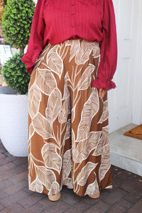 Tropical Leaf Print Wide Leg Pull On Palazzo Pants in Brown