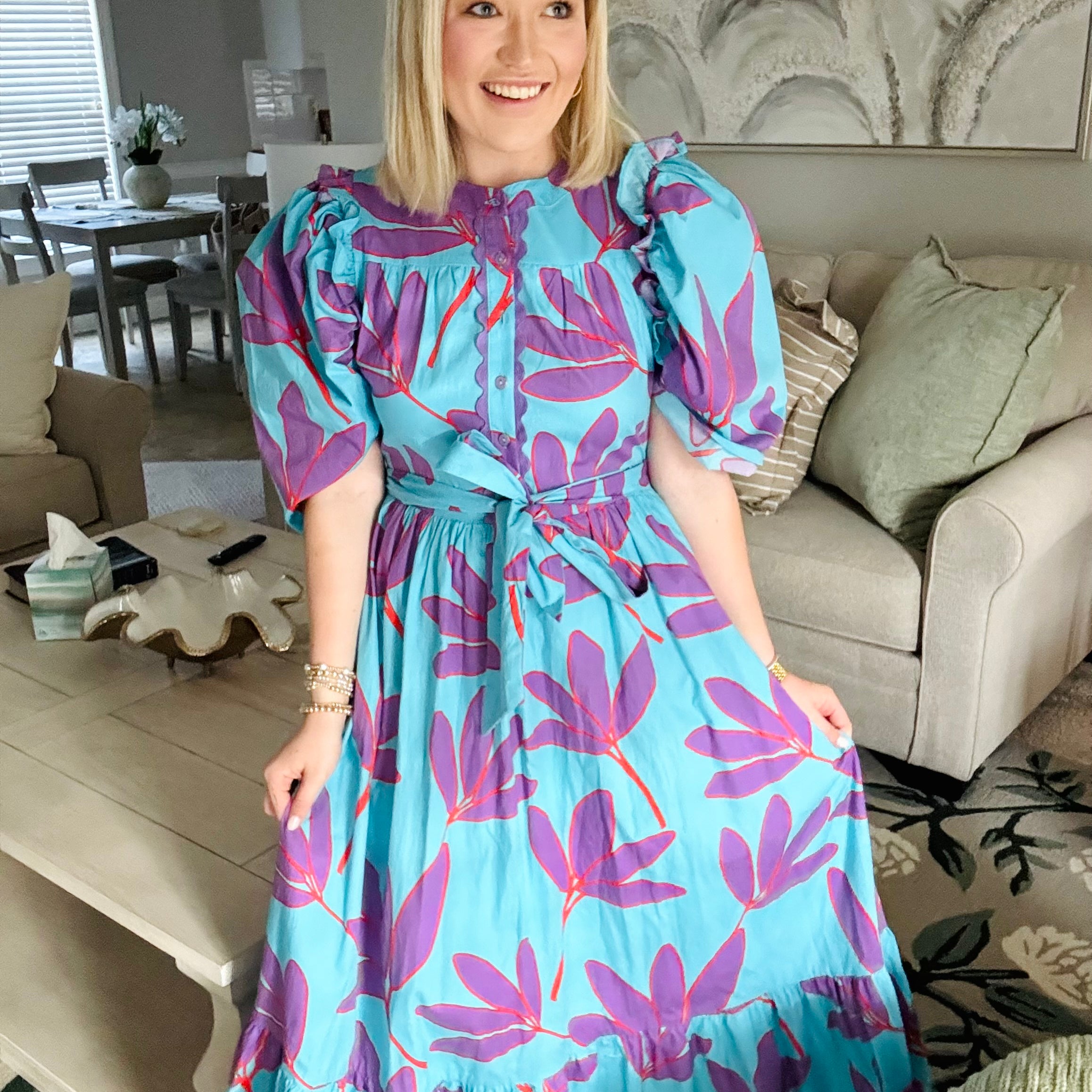 Palm Leaf Tier Button Tie Maxi Dress | KARLIE