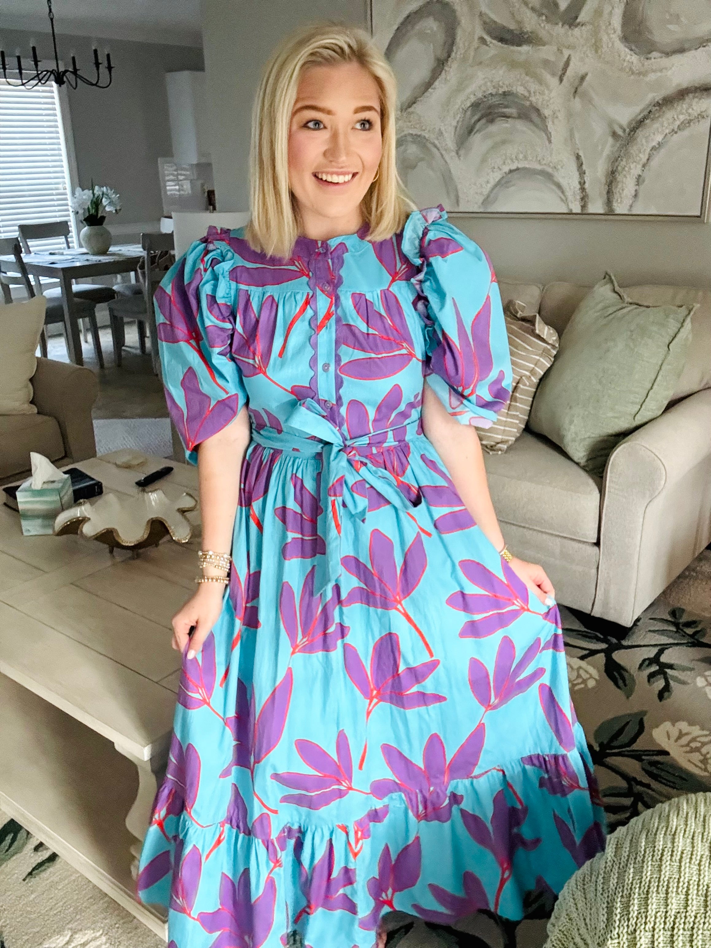 Palm Leaf Tier Button Tie Maxi Dress | KARLIE