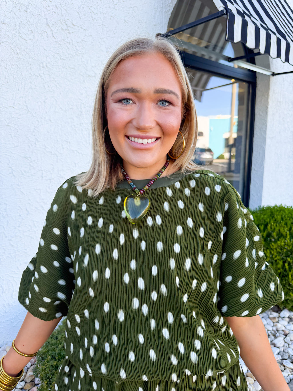 Pleated Puff Sleeve Bubble Hem Dot Pattern Blouse in Olive