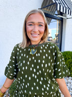 Pleated Puff Sleeve Bubble Hem Dot Pattern Blouse in Olive