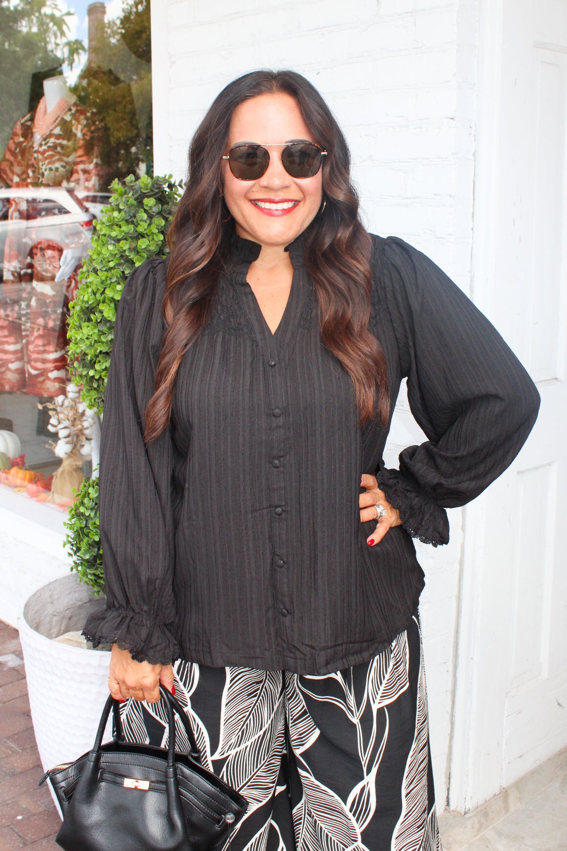 Easy Essential Button Down Puff Sleeve Top in Black