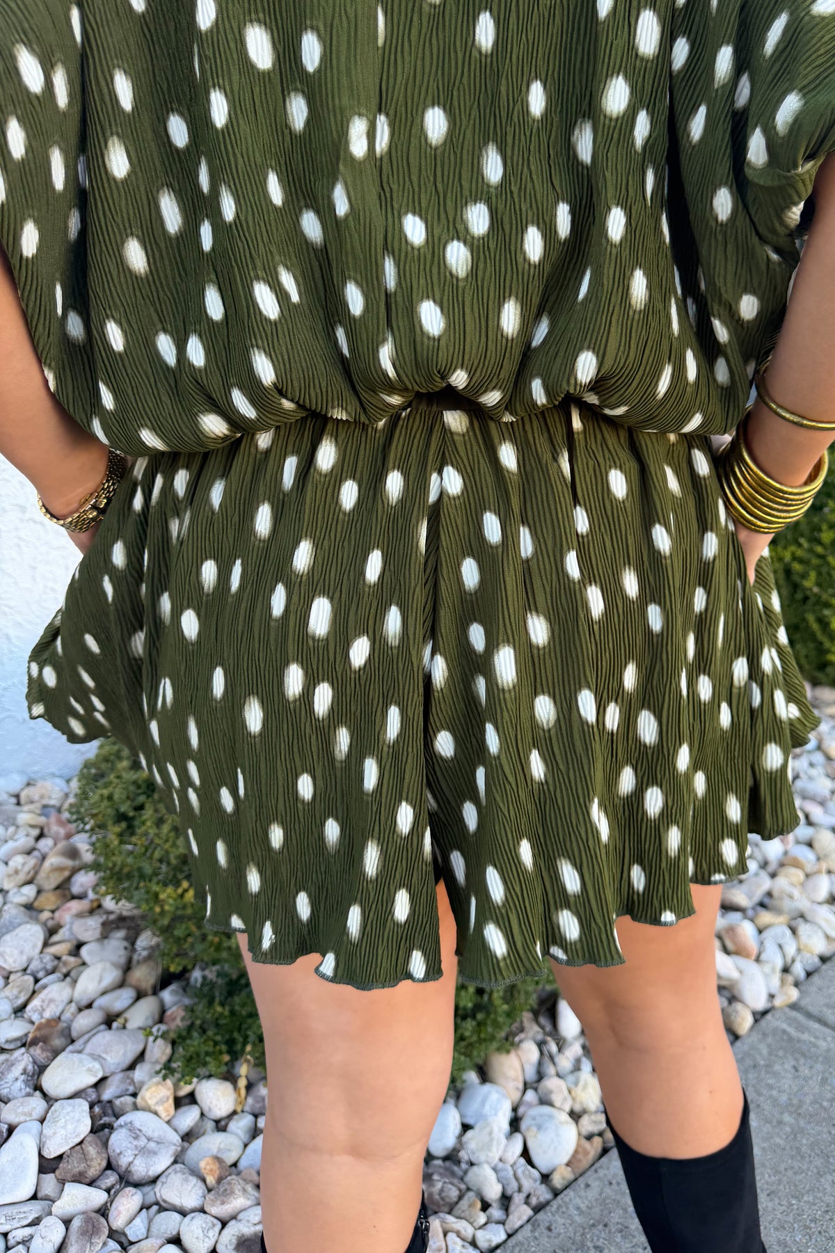 Pleated Flowy High Waisted Dot Shorts in Olive