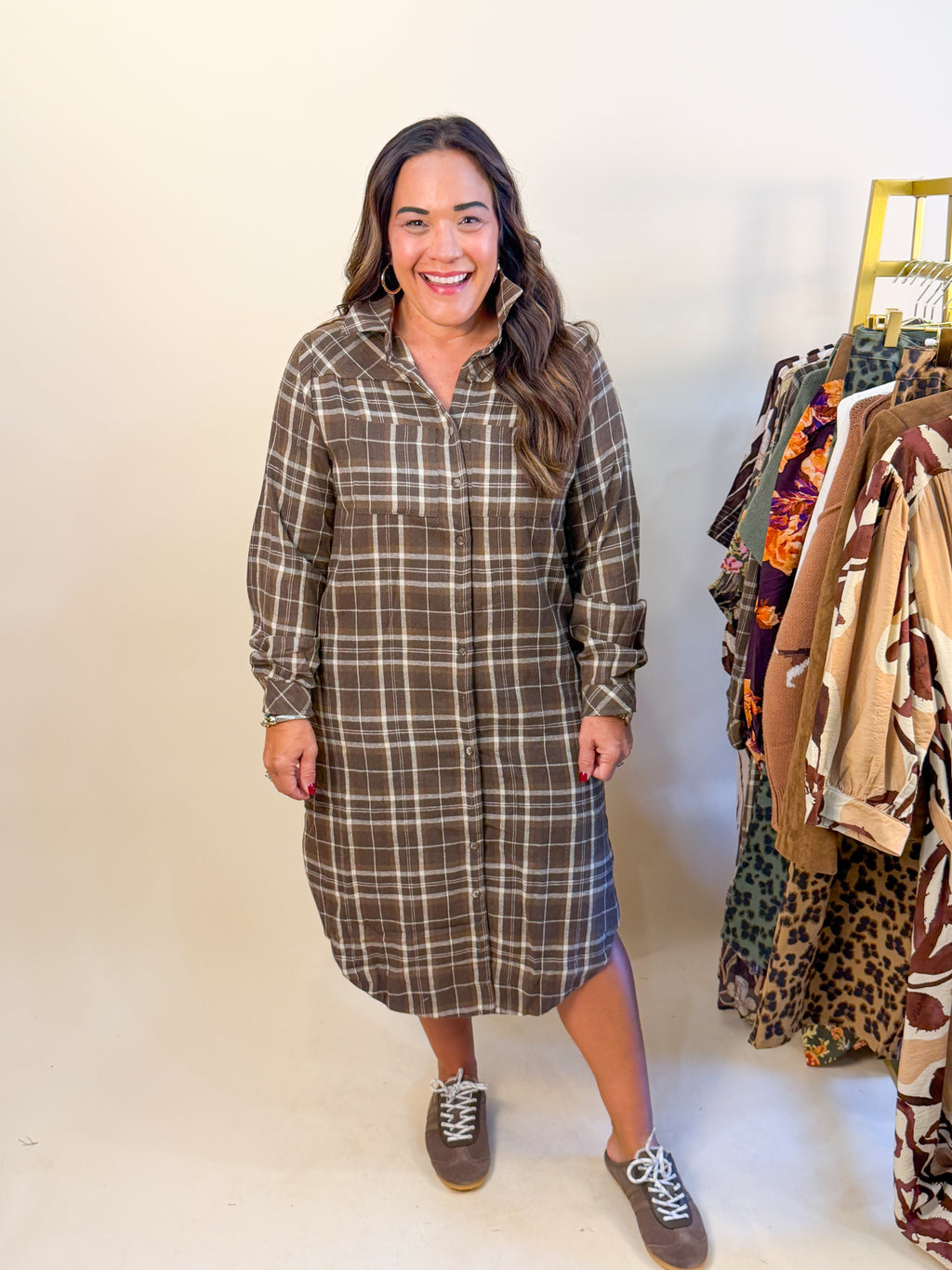 Plaid Collared Button Down Midi Dress in Brown