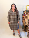 Plaid Collared Button Down Midi Dress in Brown