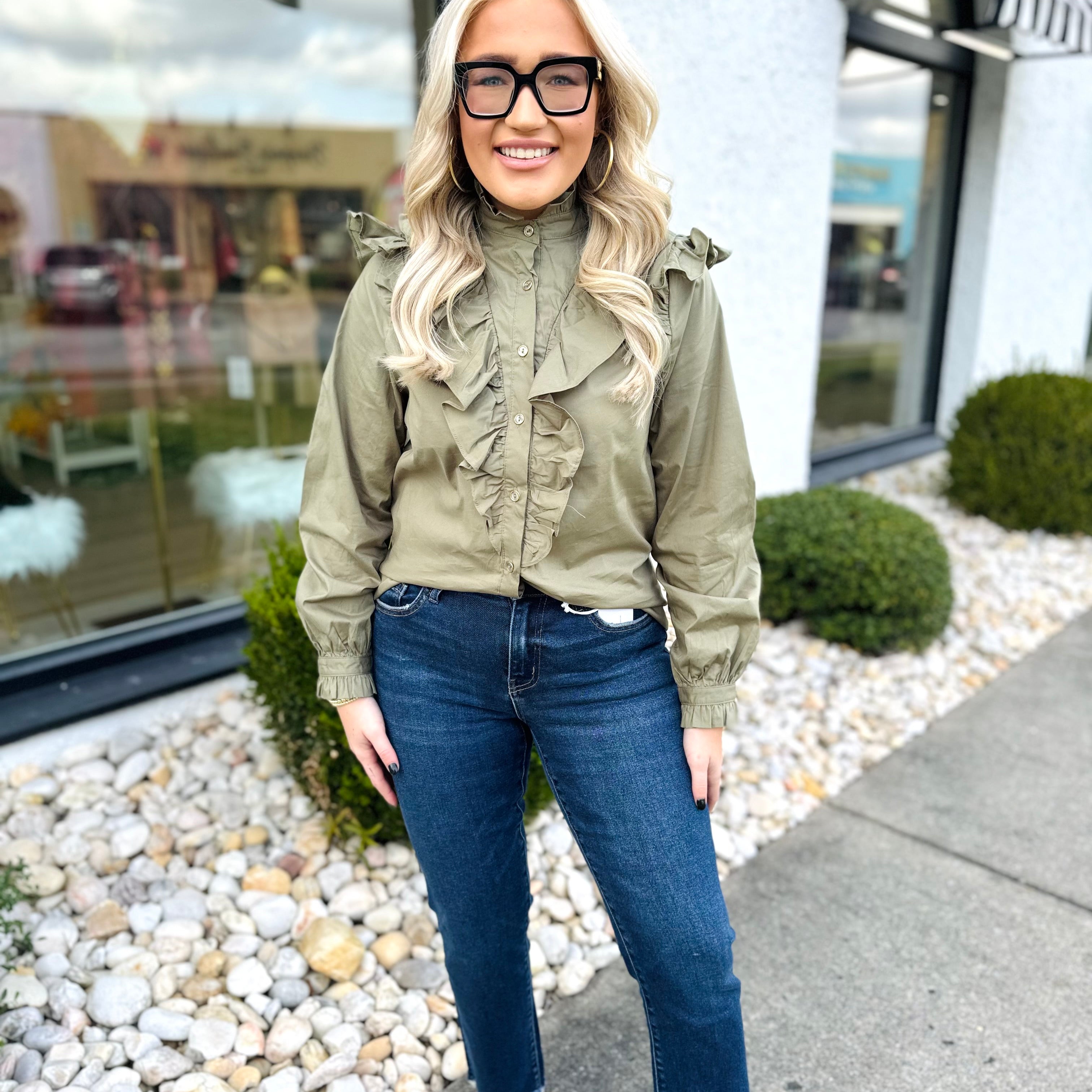 Solid Poplin Ruffle Button Top | KARLIE