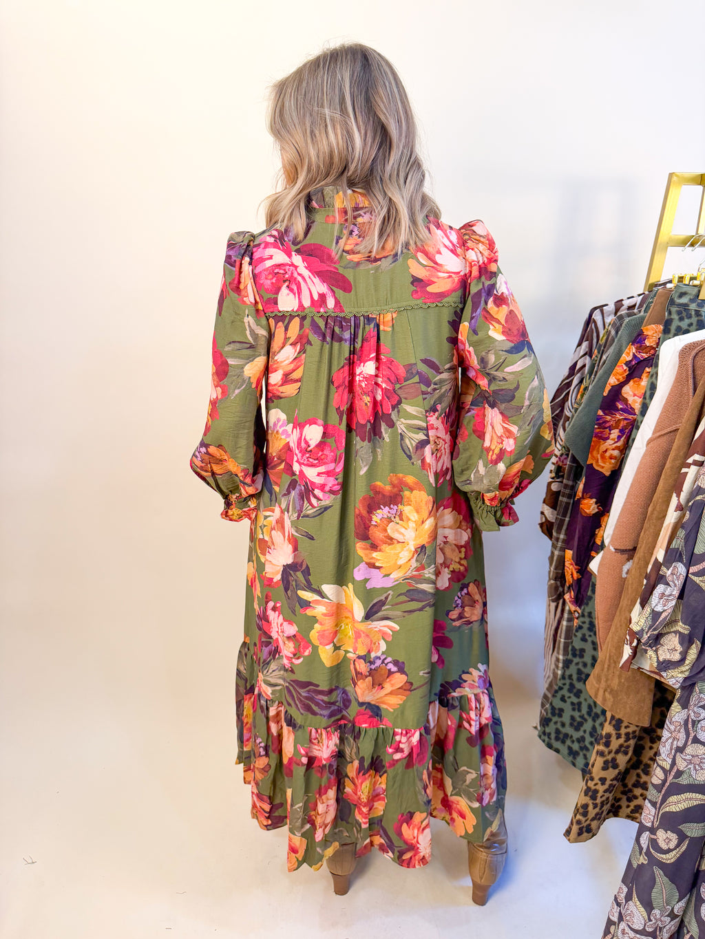 Floral Print Tiered Midi Dress in Olive Mix