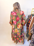 Floral Print Tiered Midi Dress in Olive Mix