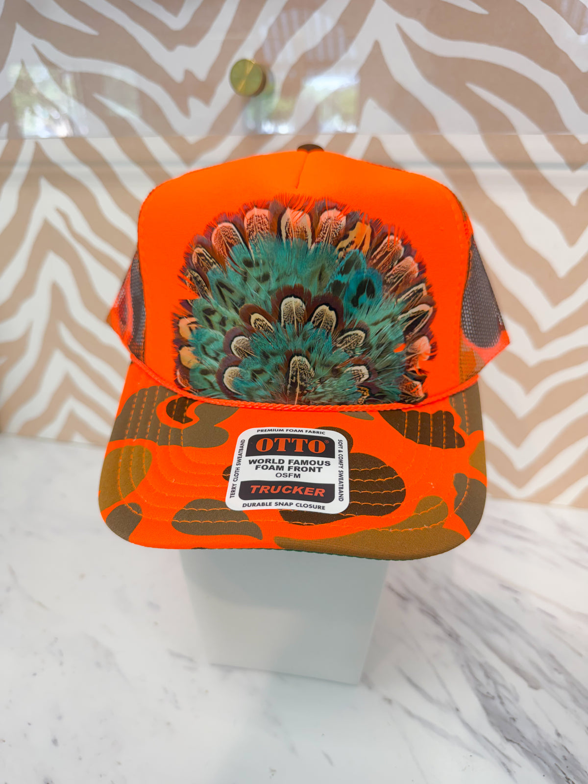 Feather Trucker Hat - Orange Camo (3 Options)
