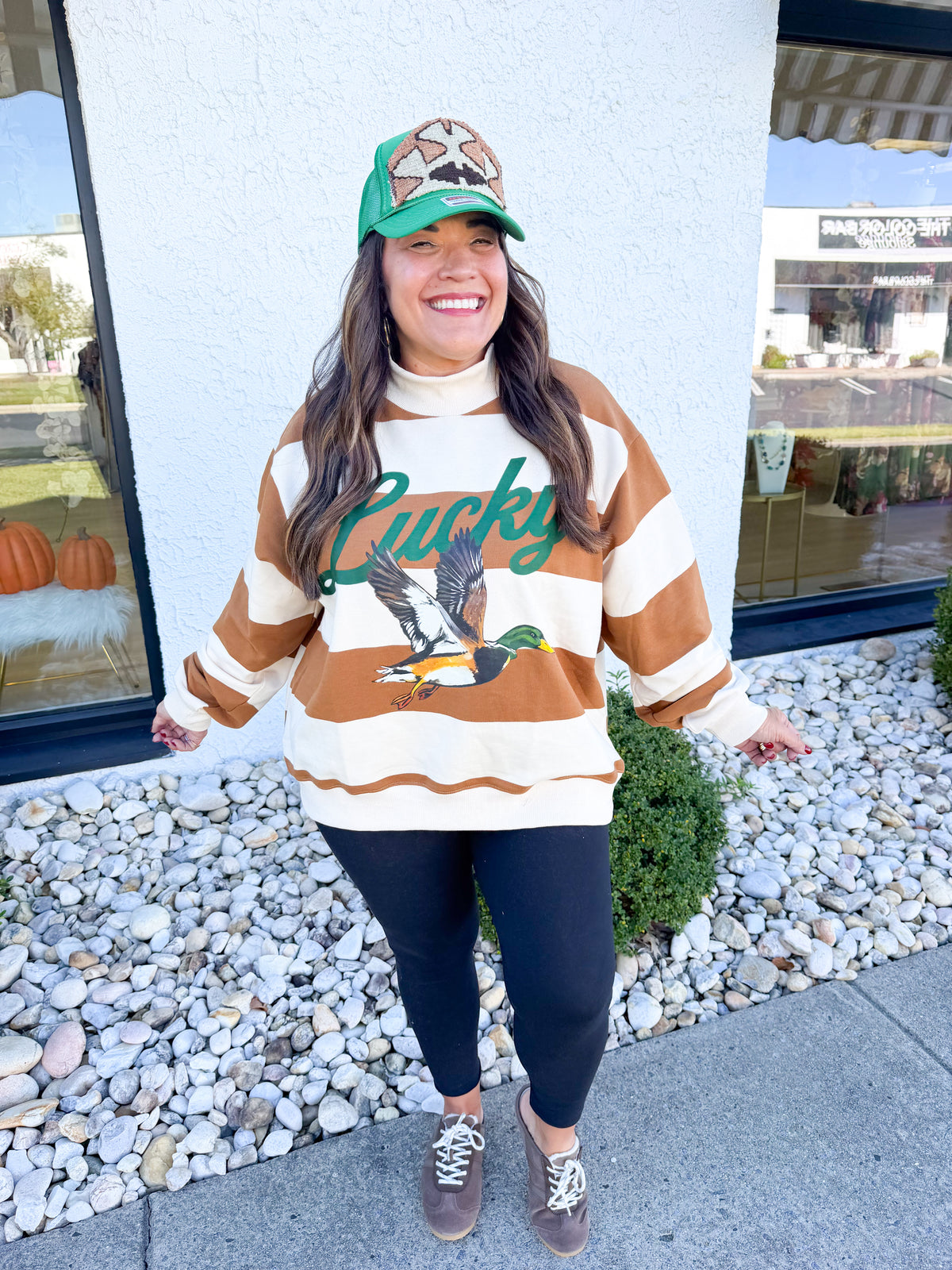Lucky Mallard Striped Mock Neck Sweatshirt - Camel/Cream