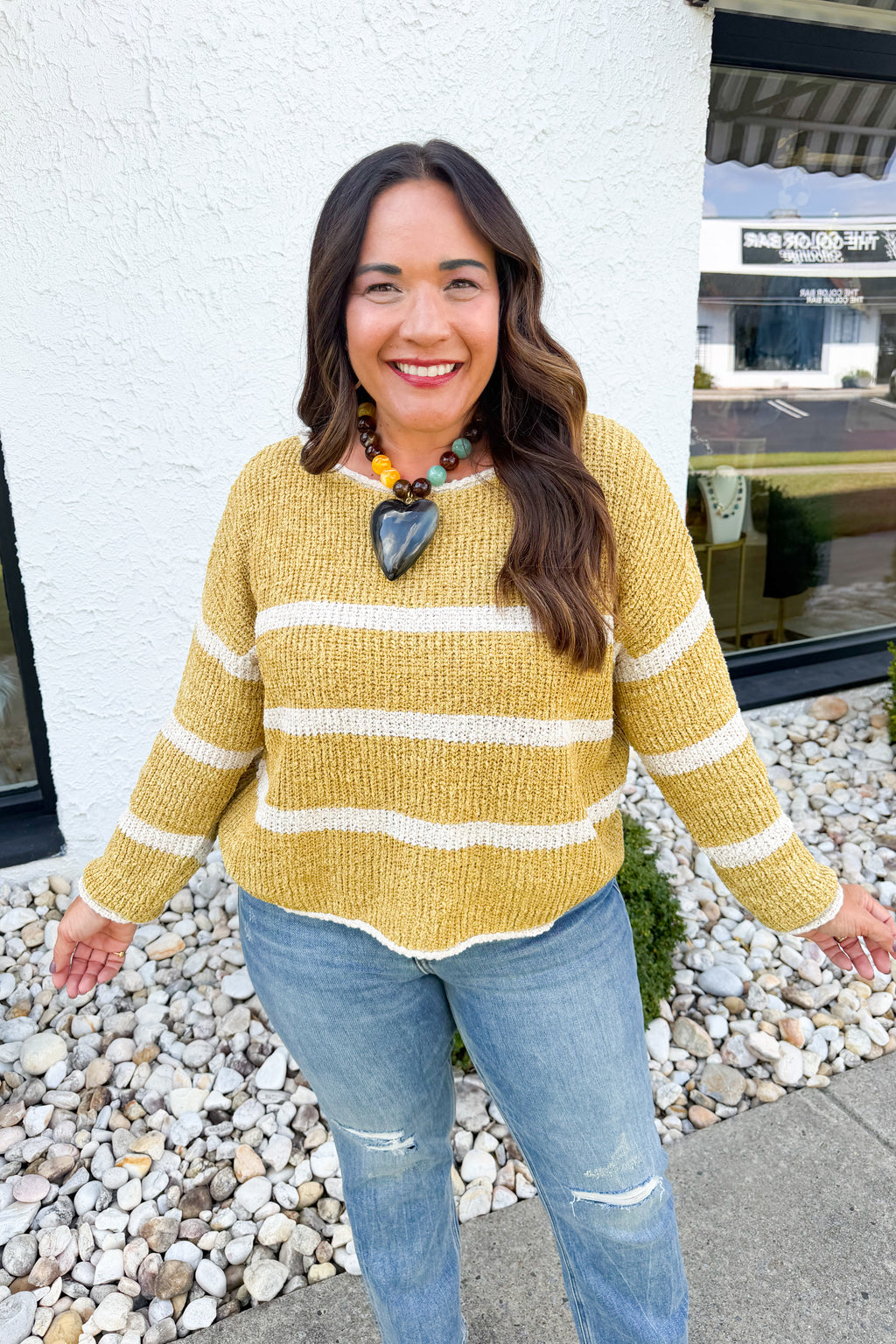 Striped Lightweight Knit Round Neck Sweater in Ginger/Oatmeal