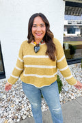 Striped Lightweight Knit Round Neck Sweater in Ginger/Oatmeal