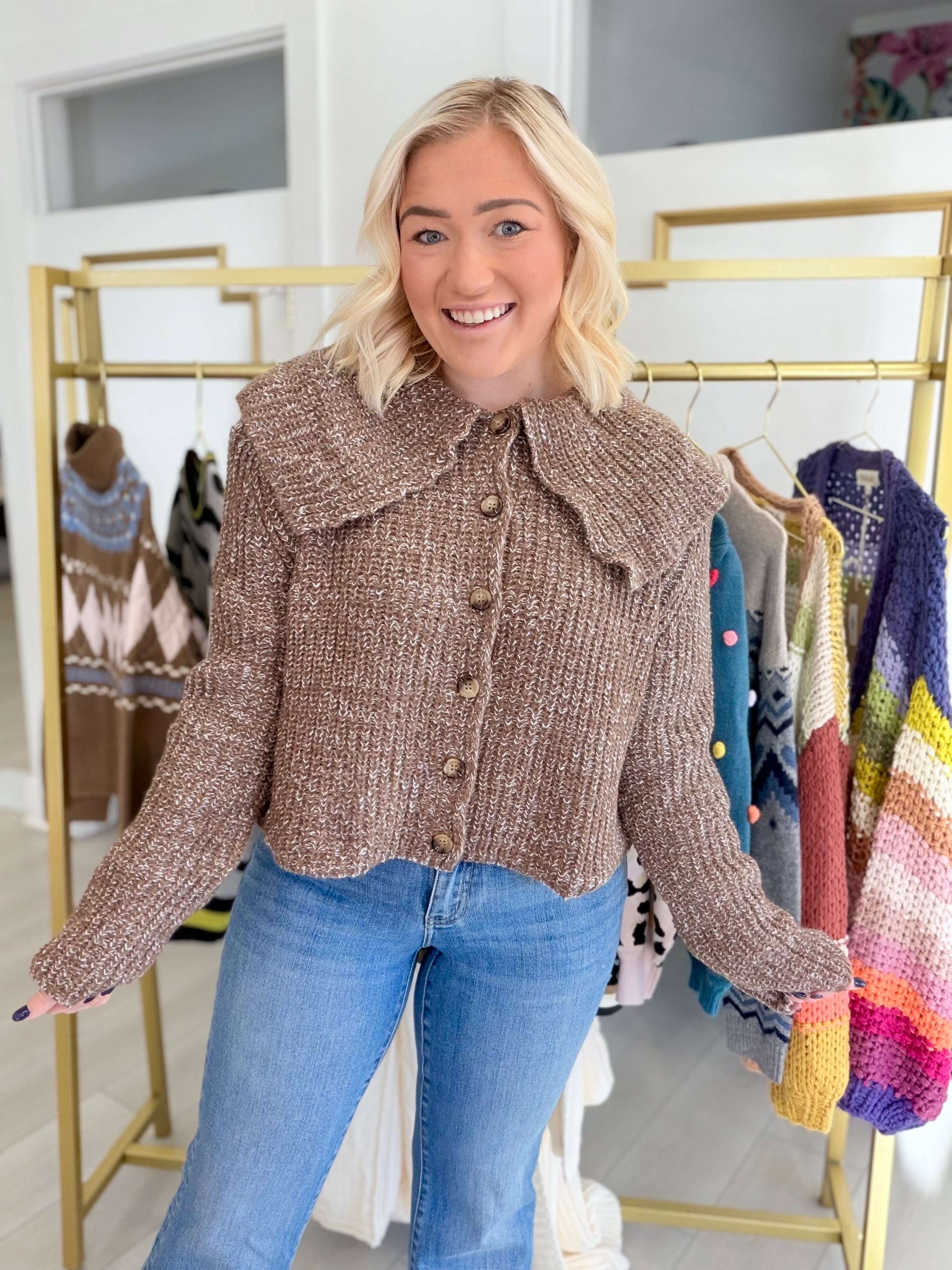 Cropped Knit Collar Cardigan | THML