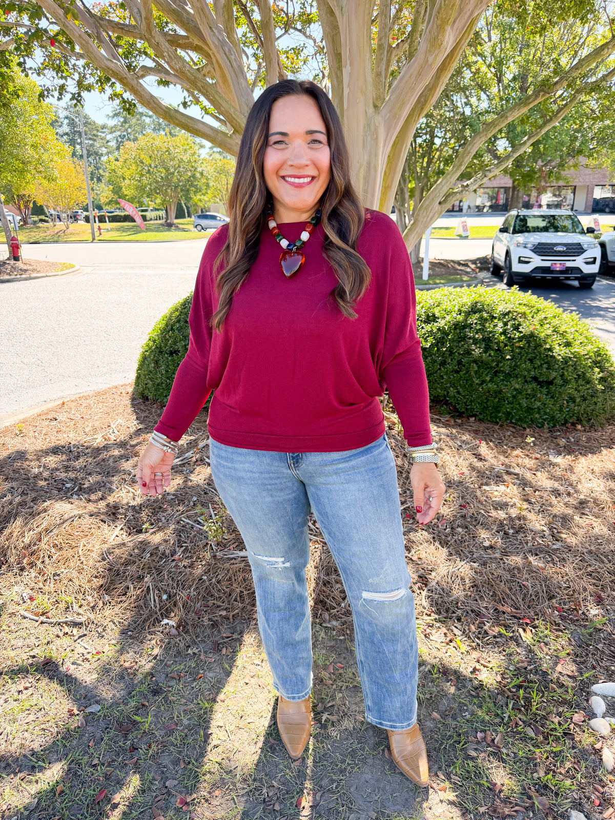 Lightweight Batwing Sleeve Boat Neck Sweater in Dark Burgundy