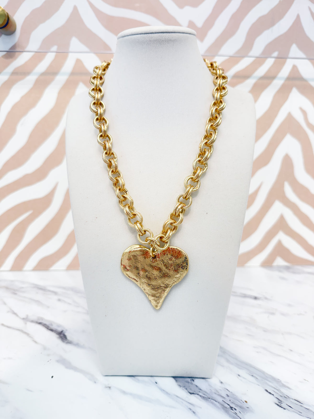 Gold Cable Linked Chain with Heart Statement Pendant