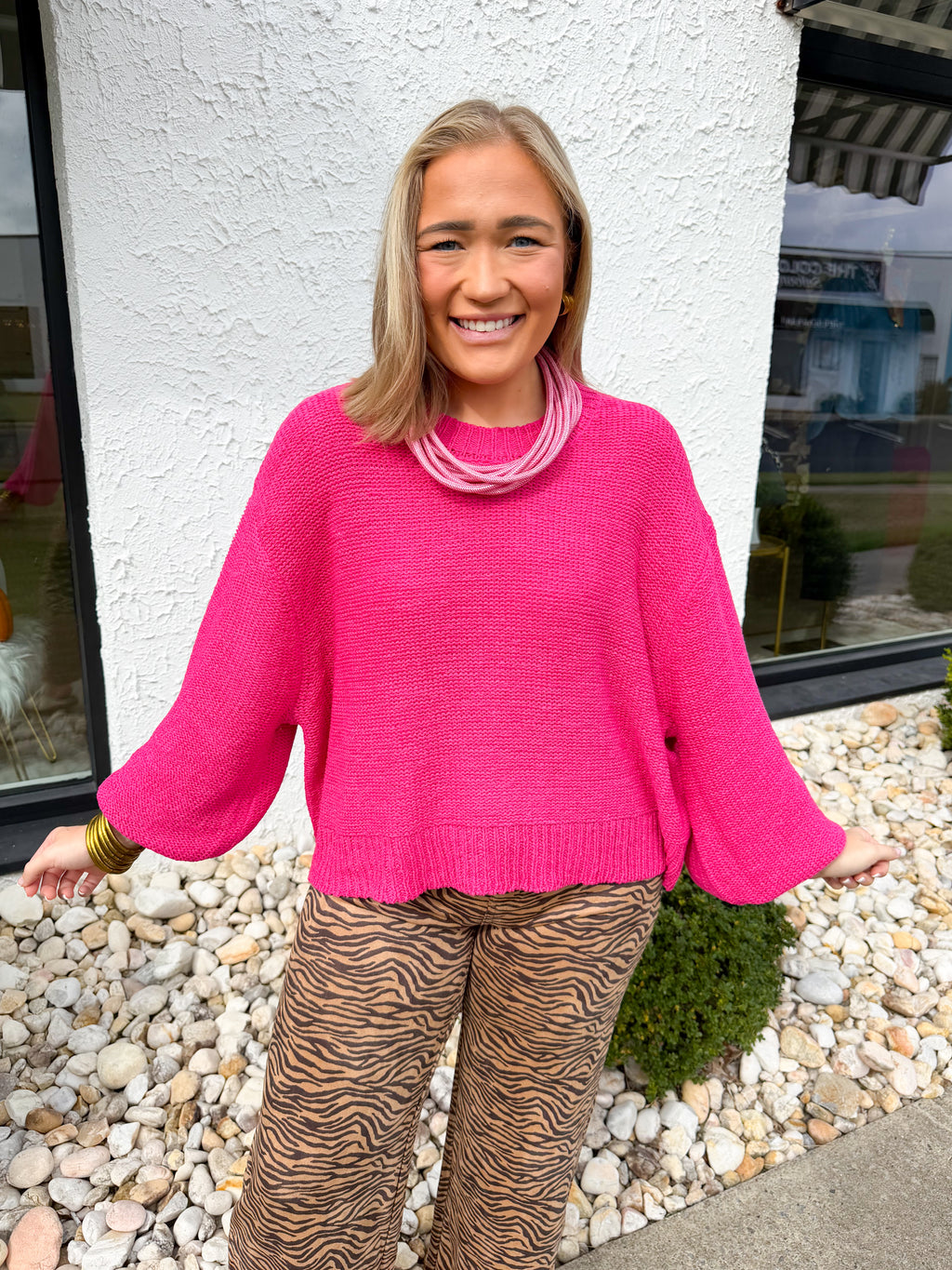 Oversized Knit Round Neck Balloon Sleeve Sweater in Hot Pink