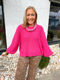 Oversized Knit Round Neck Balloon Sleeve Sweater in Hot Pink