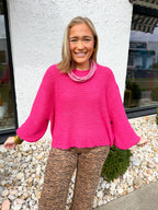 Oversized Knit Round Neck Balloon Sleeve Sweater in Hot Pink