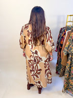 Floral Print Puff Sleeve Midi Dress in Sand