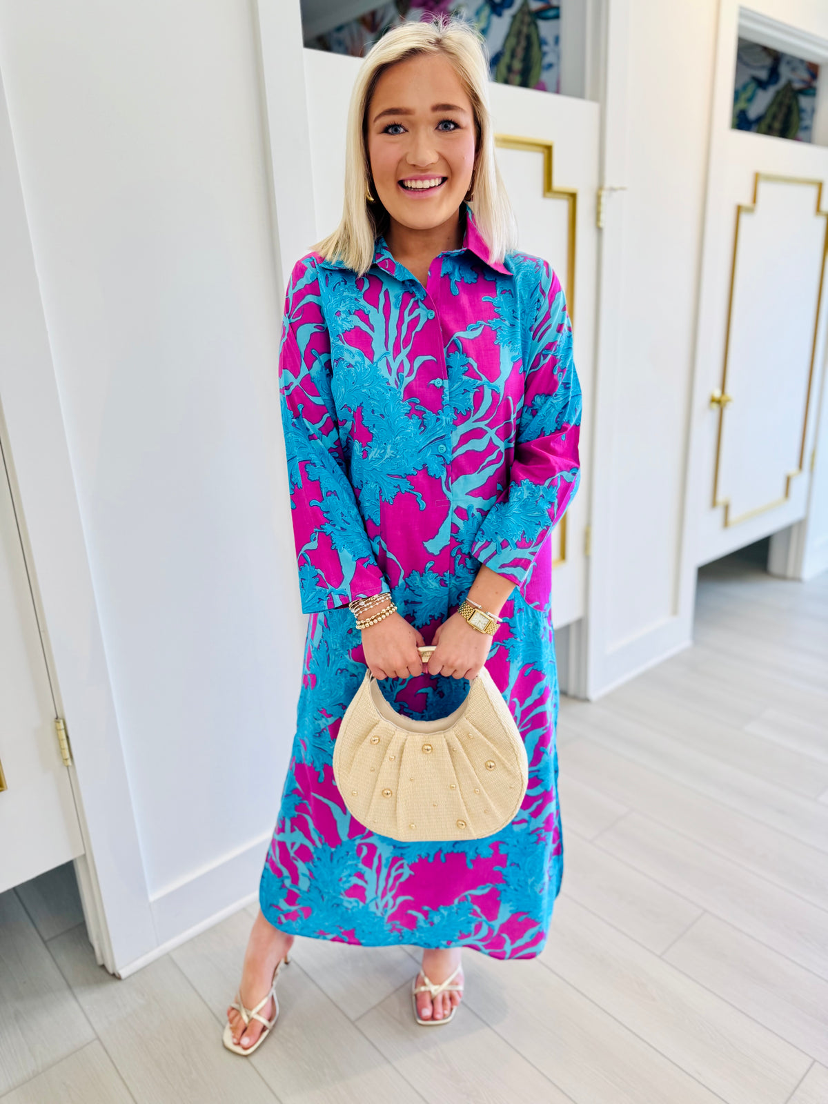Gabriella Caftan Shirtdress-Big Coral Superpink Blue