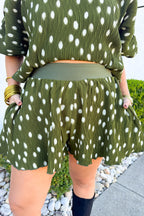 Pleated Flowy High Waisted Dot Shorts in Olive