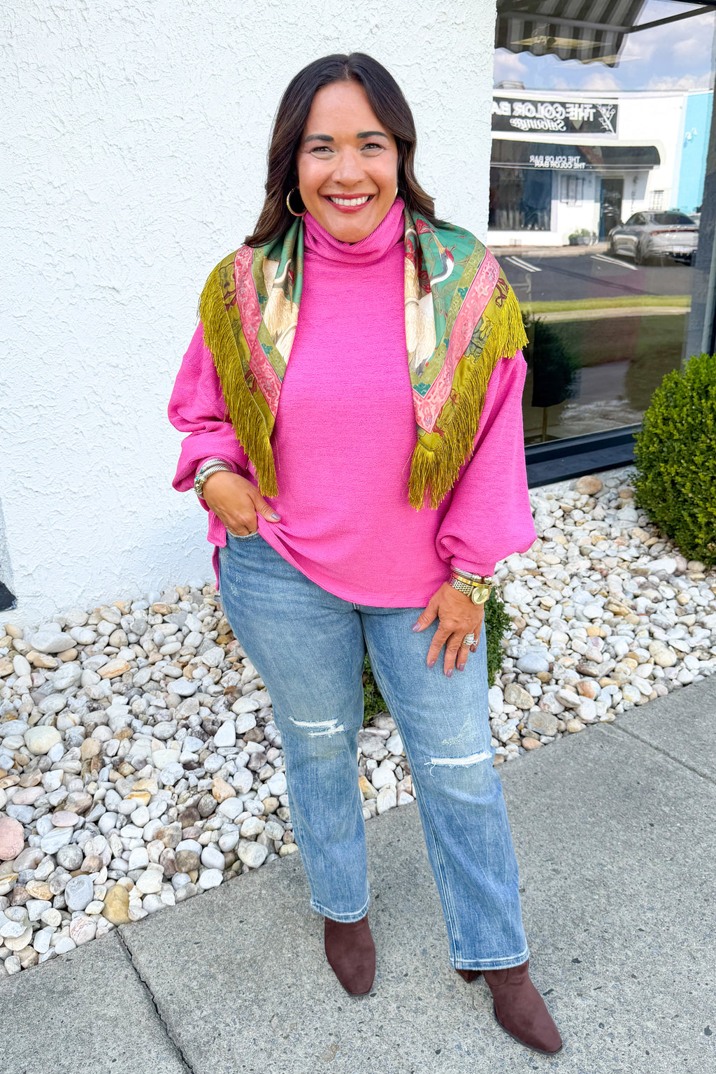 Anytime + Anywhere Mockneck Sweater in Hot Pink