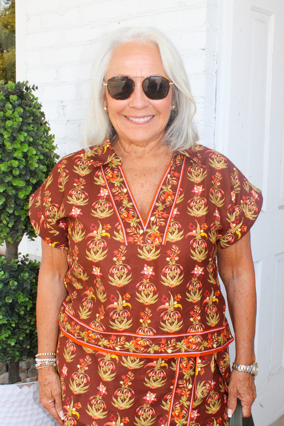 Love is in the Air Floral V-Neck Boxy Top in Brown Mix