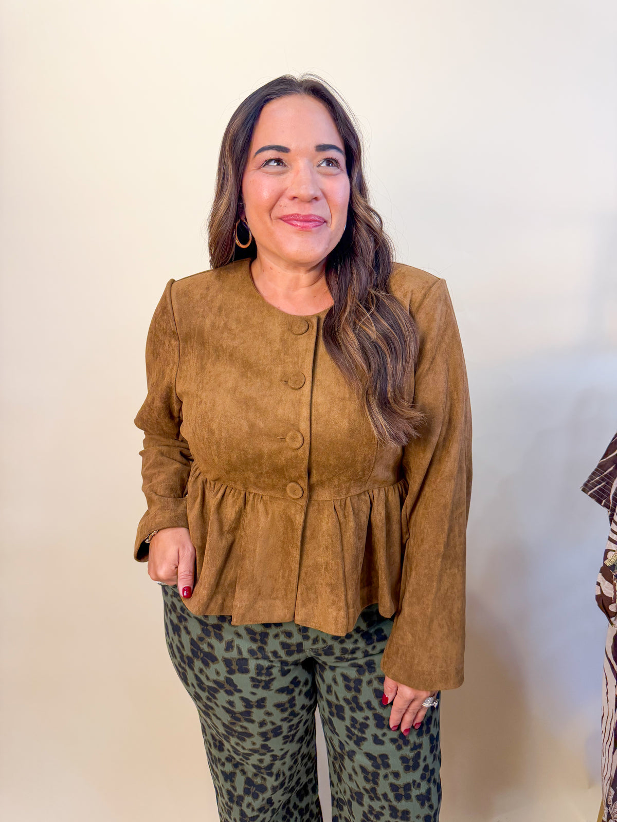 Faux Suede Babydoll Blouse in Camel