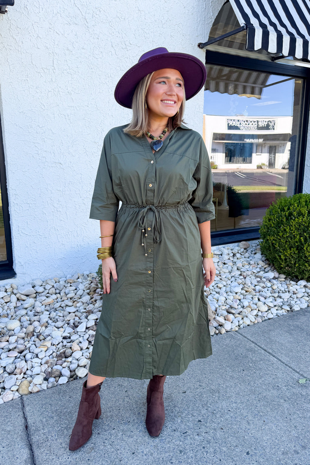 Button Down Drawstring Waist Midi Dress in Olive