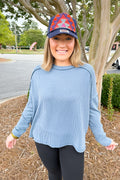 Ribbed Boat Neck Long Sleeve Oversized Sweater in Dusty Blue
