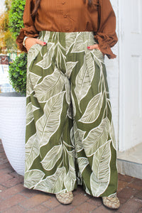 Tropical Leaf Print Wide Leg Pull On Palazzo Pants in Olive