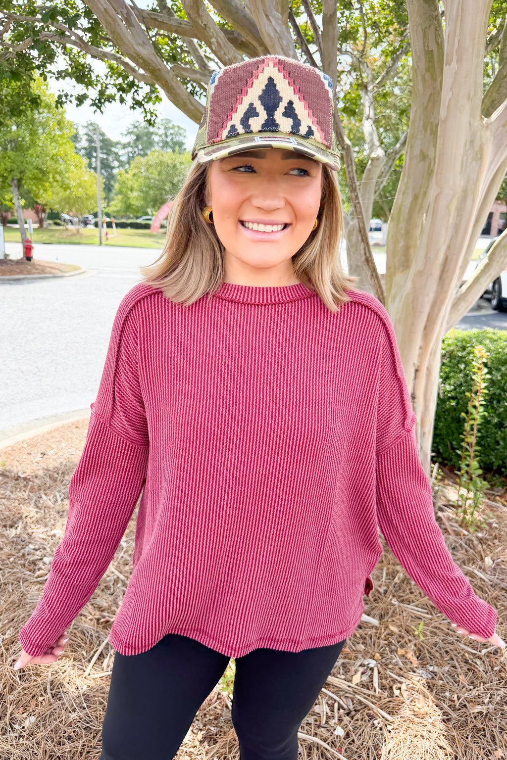 Ribbed Boat Neck Long Sleeve Oversized Sweater in Burgundy