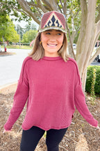 Ribbed Boat Neck Long Sleeve Oversized Sweater in Burgundy