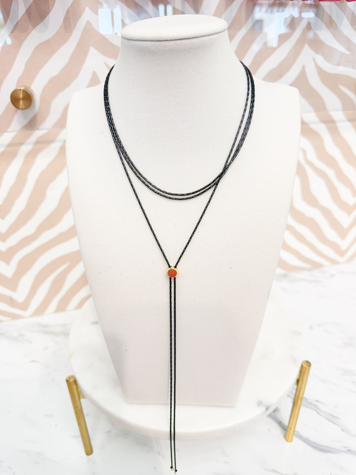 2 Layered Cord Long Necklace - Black