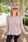 Ribbed Boat Neck Long Sleeve Oversized Sweater in Mocha