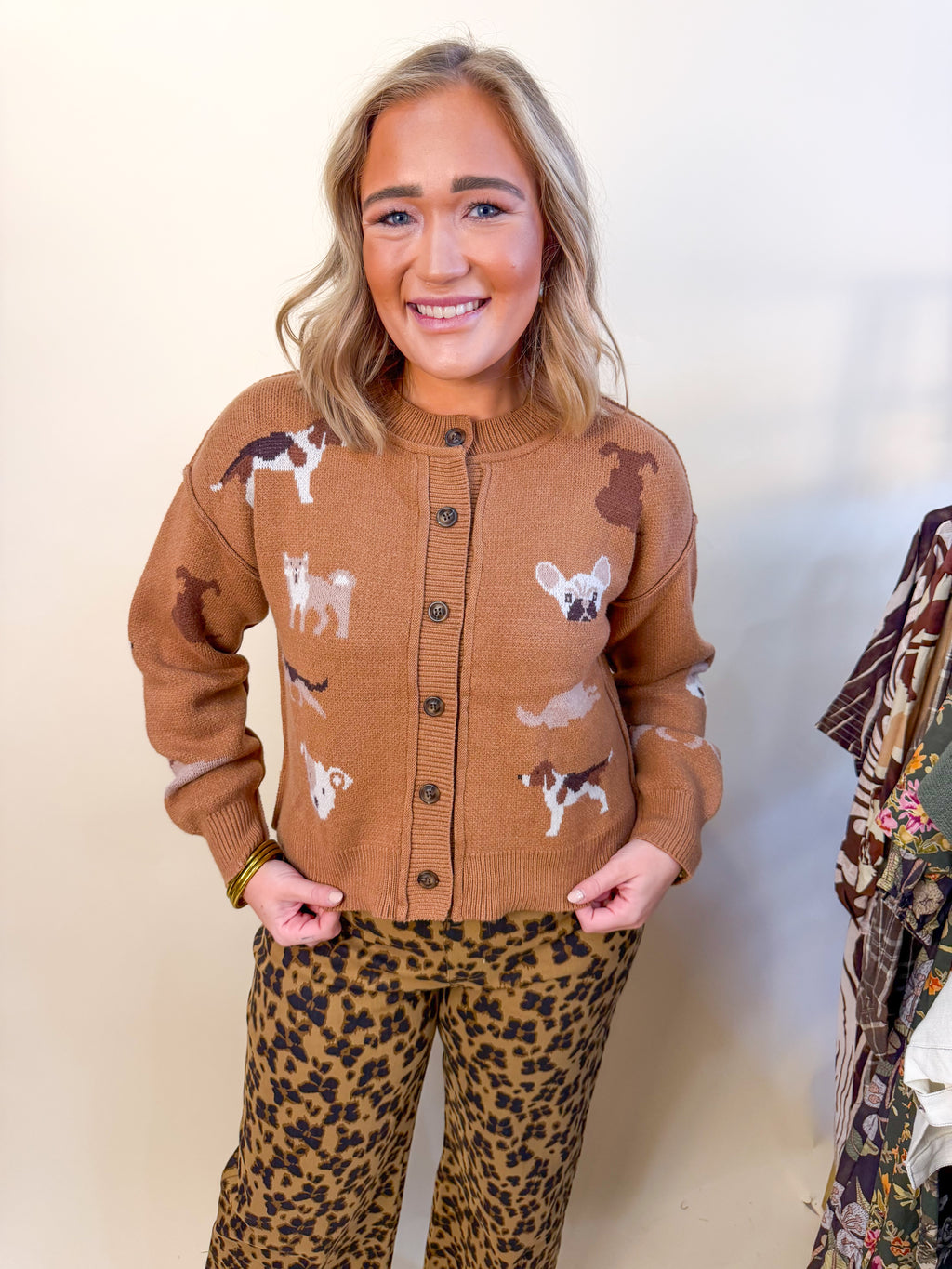 Doggie Button Down Cardigan in Camel