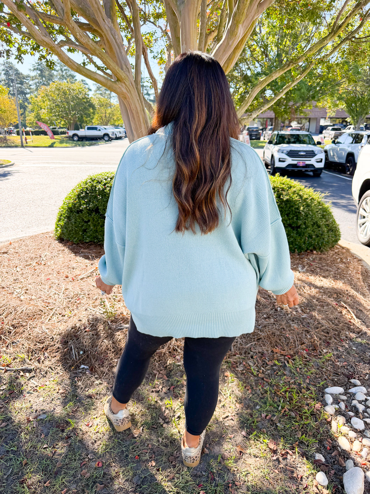 Side Slit Mockneck Long Sleeve Knit Sweater in Sea Angel