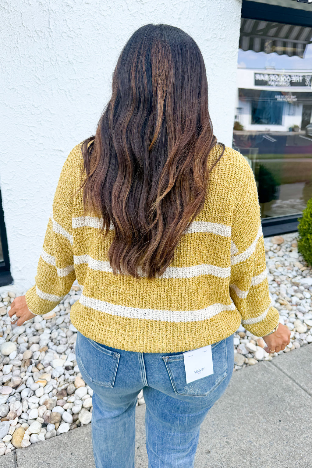 Striped Lightweight Knit Round Neck Sweater in Ginger/Oatmeal