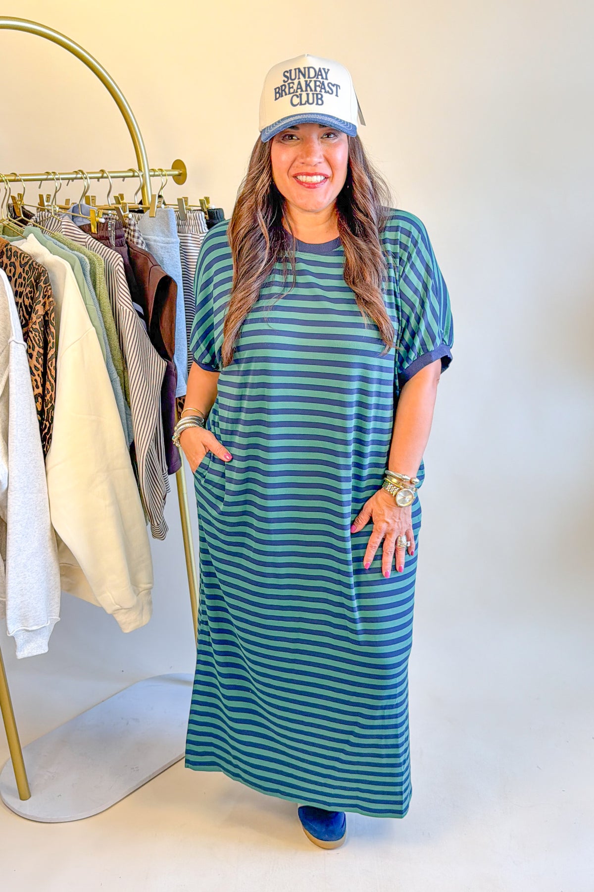 The Best Basic T-Shirt Dress in Green/Navy Stripes