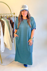The Best Basic T-Shirt Dress in Green/Navy Stripes