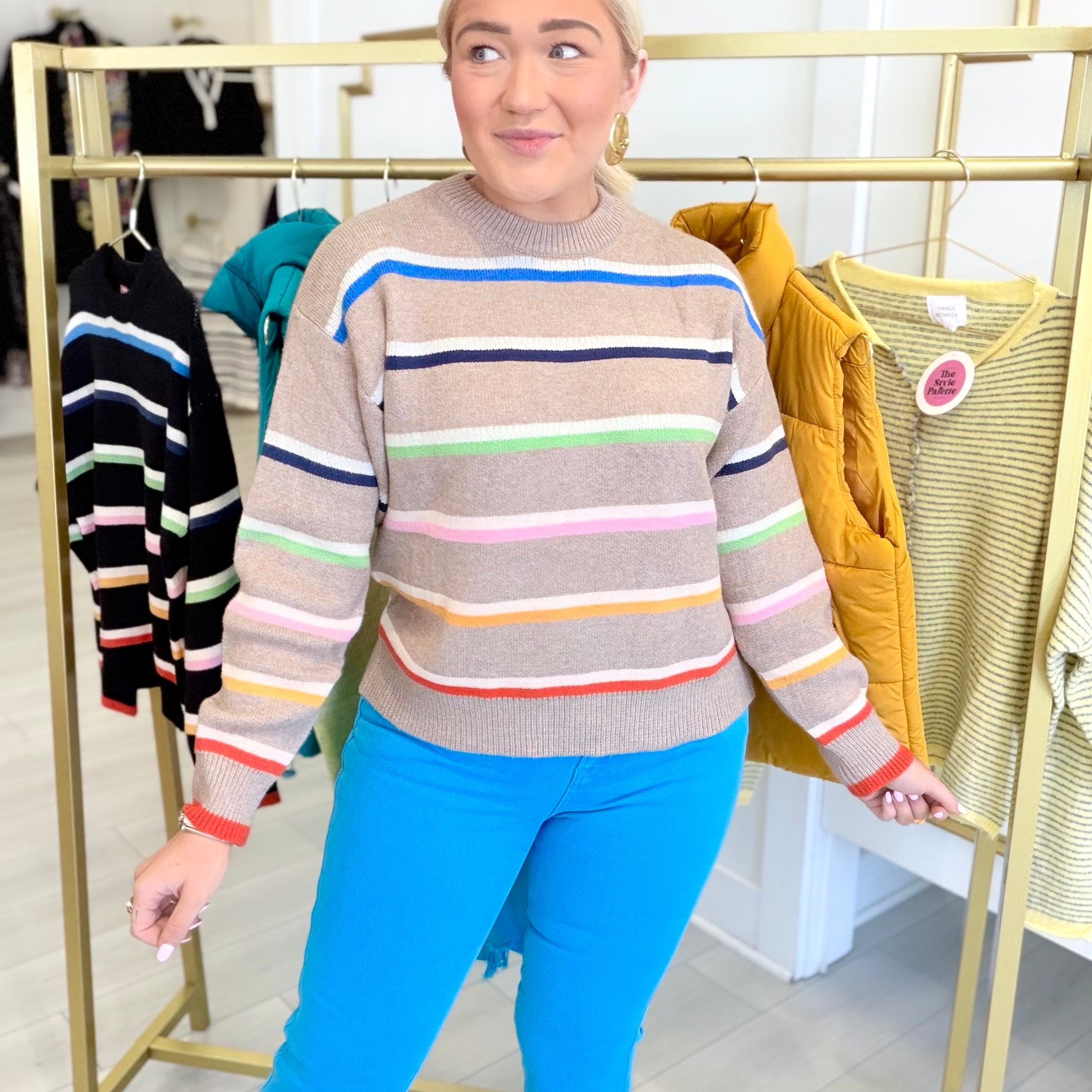 Multi Stripe Crew Neck Knit Sweater in Taupe