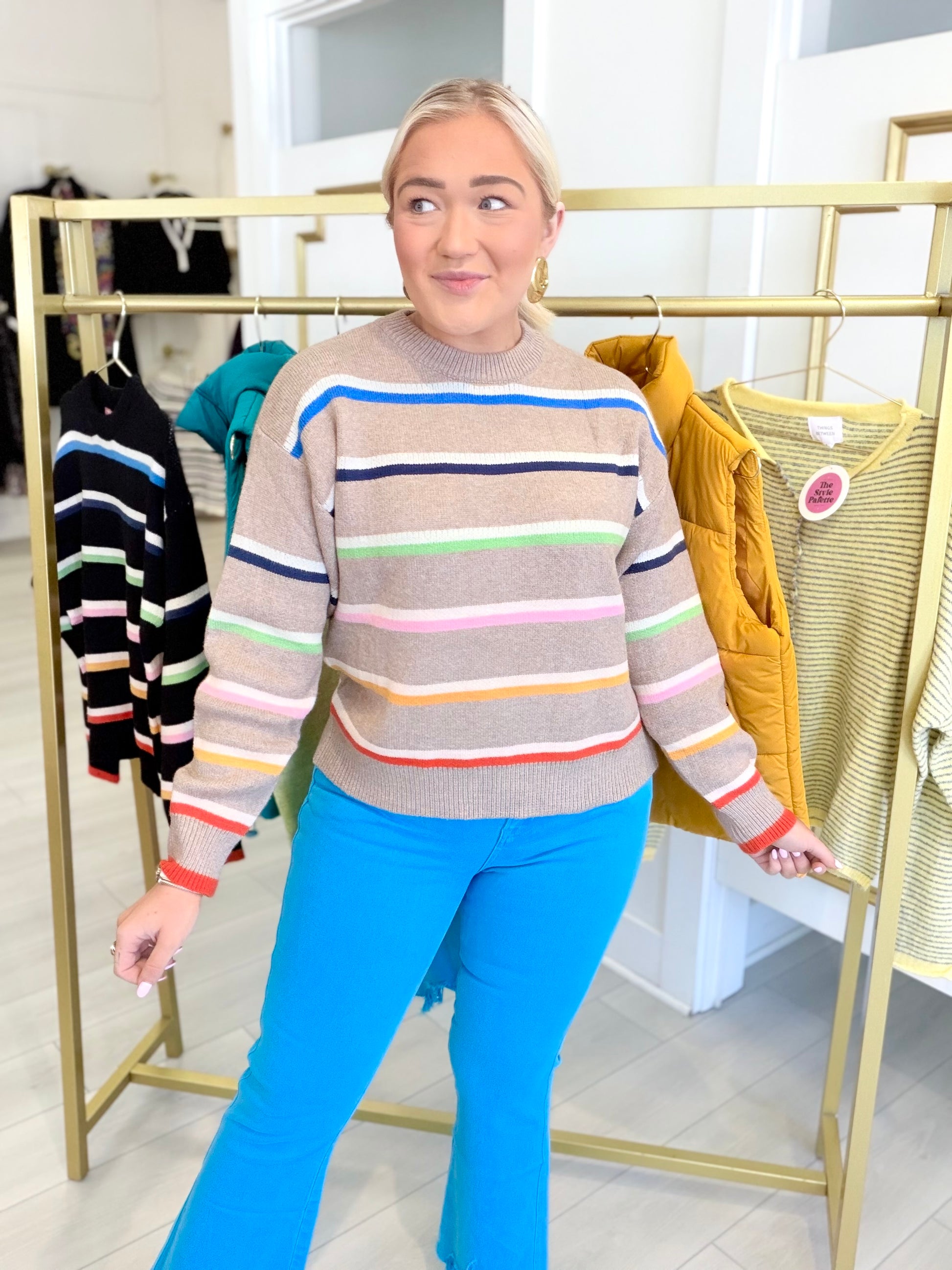 Multi Stripe Crew Neck Knit Sweater in Taupe