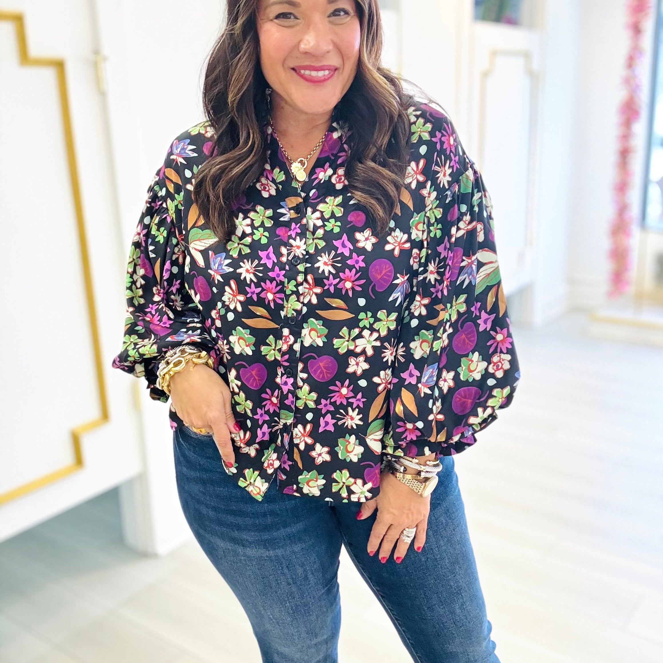 Floral Satin Button Puff Sleeve Top | KARLIE